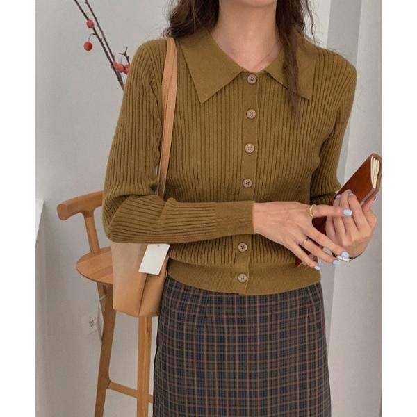 カーディガン レギュラーカラースリムリブトップス レディース