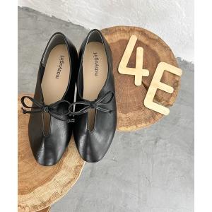 パンプス 「4E 幅広」ふかふかインソール/リボン付きスリットデザインのぺたんこフラットシューズ