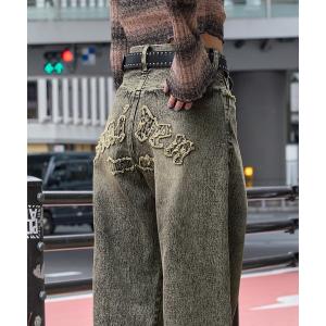 ジーンズ デニム デニムパンツ ヴィンテージライクフリンジパッチワーク刺繍ワイドストレートデニムパンツ レディース メンズ