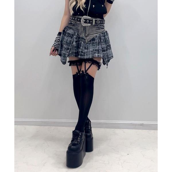 スカート チェック柄デニムスカパン