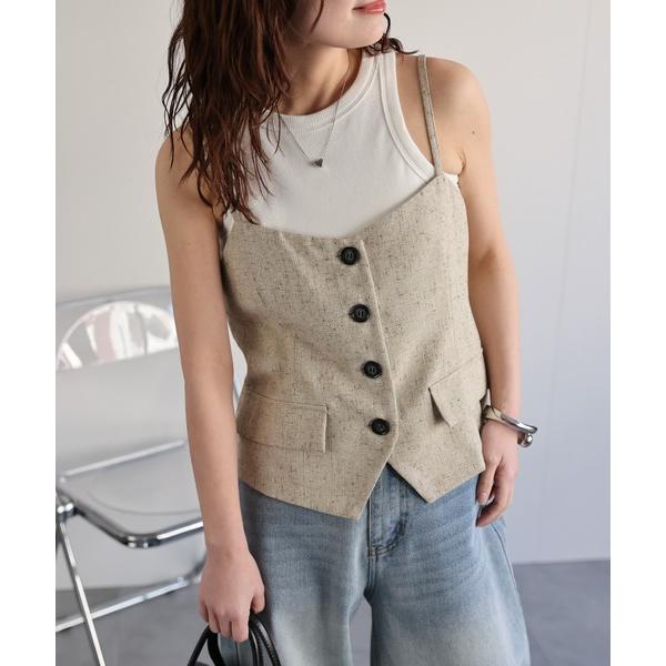 ベスト ジレ 「セットアップ対応」フロントボタン麻ライクビスチェ/キャミソール「動画あり」 レディー...