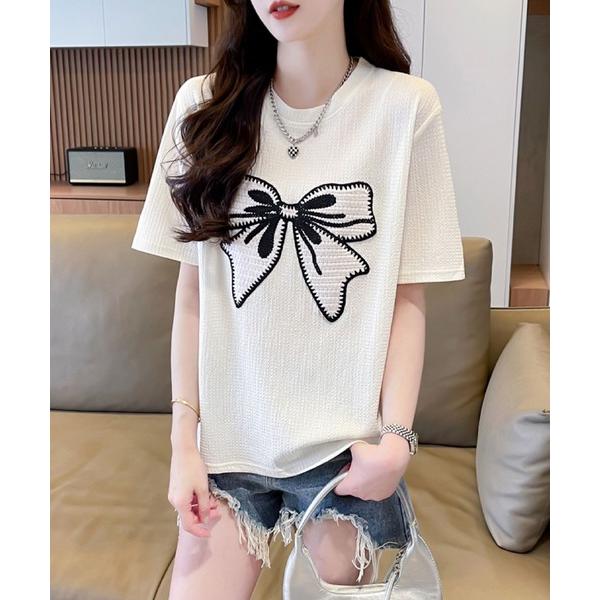 tシャツ カジュアル×ガーリー♪リボン刺繍Tシャツ レディース