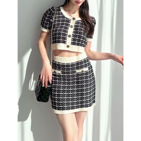 スカート バイカラーニットミニスカート「セットアップ着用可能」