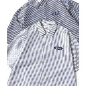 ブラウス シャツ CONVERSE/コンバース オーバーサイズ ミニロゴワッペン ワンポイント刺繍 ストライプ レギュラーカラー 半袖シャツ/レディー