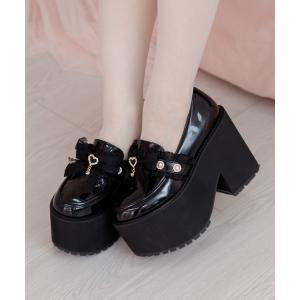 ローファー ハートビジューリボン厚底シューズ レディース