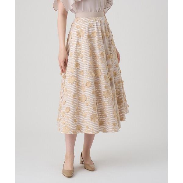 スカート ストライプフラワー刺繍フレア スカート