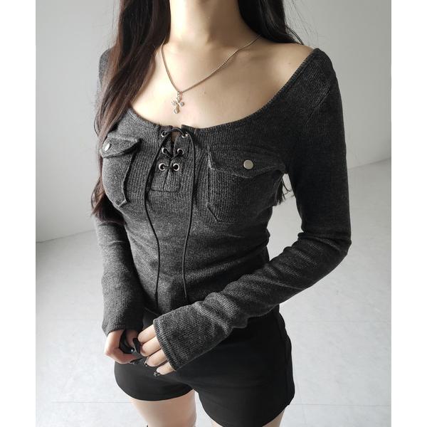 tシャツ レースアップアウトポケットスリムリブトップス ／ lace up out pocket s...