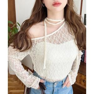 tシャツ ストラップチョーカーネックリボンワンショルストレッチレース長袖プルオーバー レディース