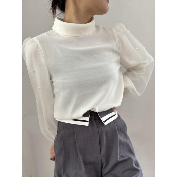 ブラウス シャツ 「高見えシアー袖」パール装飾 スタンドカラーブラウス / ボリュームスリーブ / ...