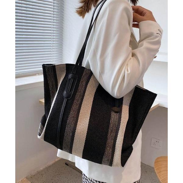 トートバッグ 軽やかさと収納力を両立した大人カジュアルキャンバスストライプ柄トートバッグス レディー...