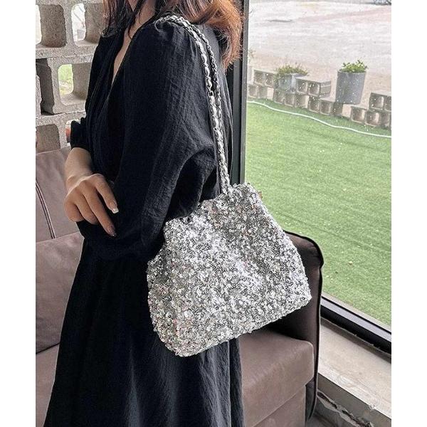 ショルダーバッグ バッグ 光と影で魅せる、洗練のモード。スパンコールチェーン巾着バッグ。！2WAYス...