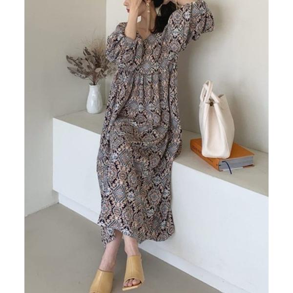 ワンピース 総柄デザインキレイ目マキシワンピース