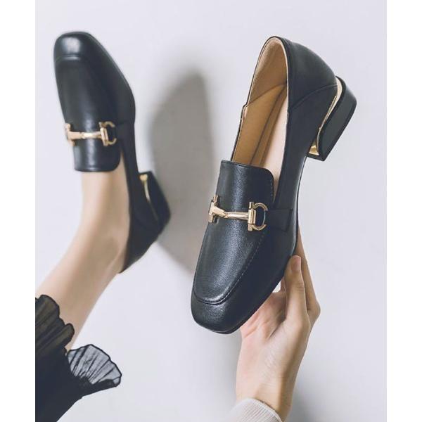 ローファー 「きちんと感、ひとさじの華やぎ。毎日履ける上品ローファー」ミドルヒールPUレザーローファ...