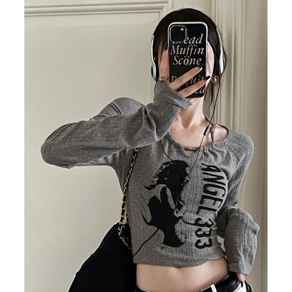 スマホショルダー tシャツ Y2K グランジエンジェル クロップド ホルターネック ロングTシャツ ...