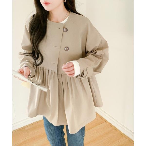 ノーカラーコート コート ペプラムシルエットコート ウエストギャザー×立体ペプラムデザイン レディー...