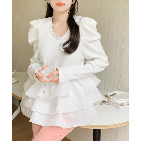 tシャツ バルーンフリルドッキングトップス レディース ペプラム ハリ素材 ダンボール レディース