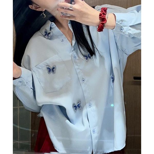 ブラウス シャツ バタフライ 刺繍 レギュラーカラー オーバーサイズ シャツ レディース