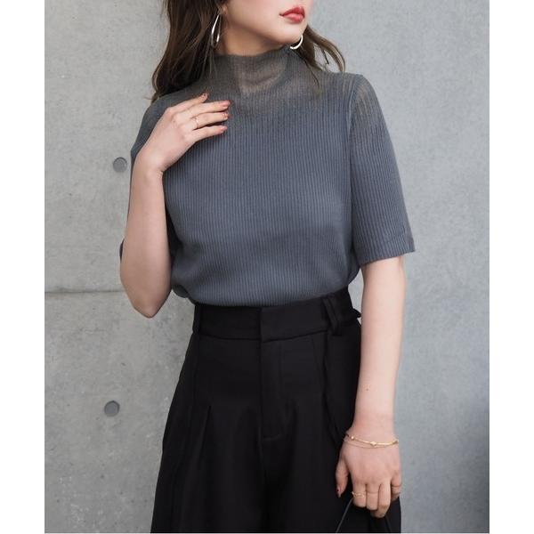 ニット セーター sheer design half sleeve lib knit /ハイネックシ...