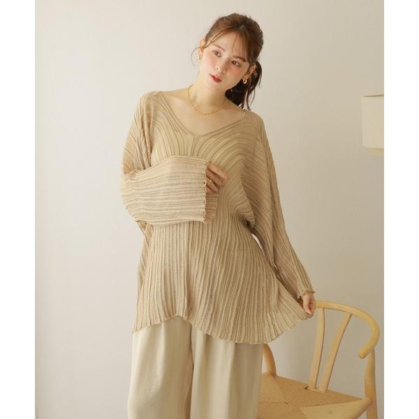 ニット セーター sheer lib over size v neck knit /シアー リブ オ...