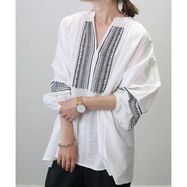 ブラウス シャツ コットンスラブスキッパー刺繍ブラウス レディース