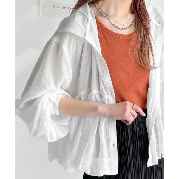 ブラウス シャツ 抜け感シアーで軽やかに。フード付きバルーンシルエットの長袖ブラウス レディース