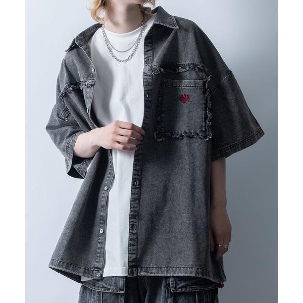シャツ Fringe denim one point shirt/フリンジデニム ワンポイント刺繍 ...