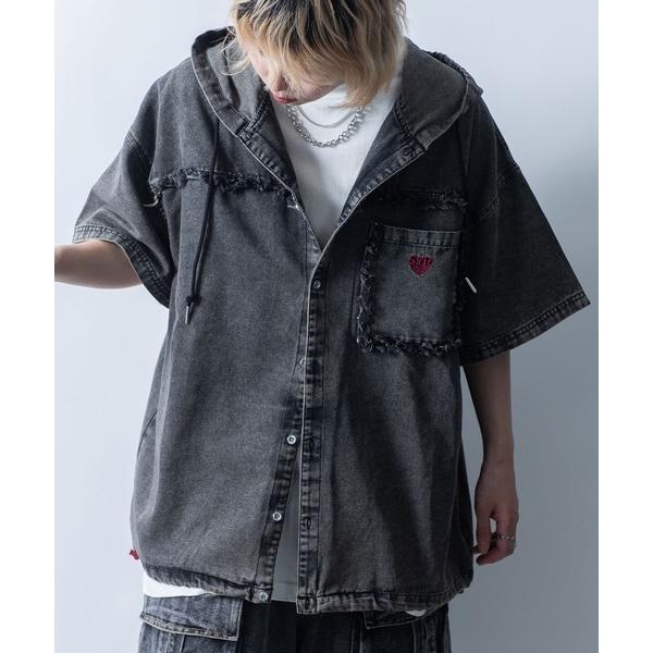 パーカー Fringe denim one point hoodie/フリンジデニム ワンポイント刺...