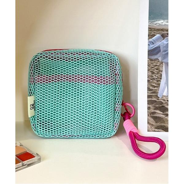 ポーチ バイカラーメッシュスクエアマルチ ポーチ/ストラップ付 レディース