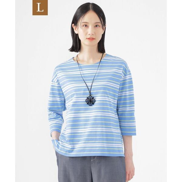 tシャツ 「L」「ウォッシャブル」ジャカードボーダーシルケット　プルオーバー レディース