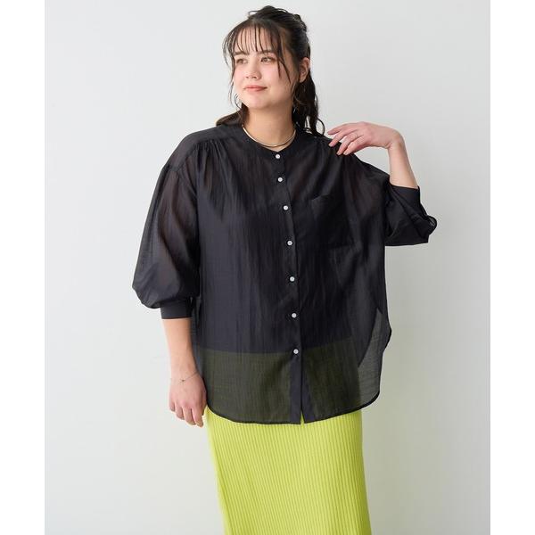 ブラウス シャツ 「anyfee/プラスサイズ」シアーバンドカラーシャツ レディース