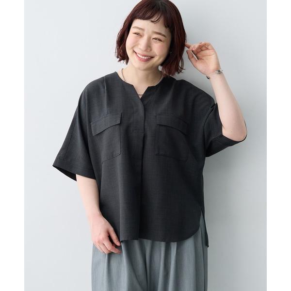 ブラウス シャツ 半袖 「anyfee/大きいサイズ」リネン調キーネックサファリシャツブラウス新色追...