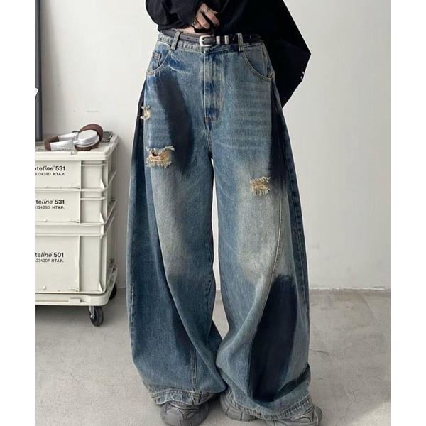ジーンズ デニム デニムパンツ 「CANVAS+」ペイントダメージバレルーズデニムパンツ レディース