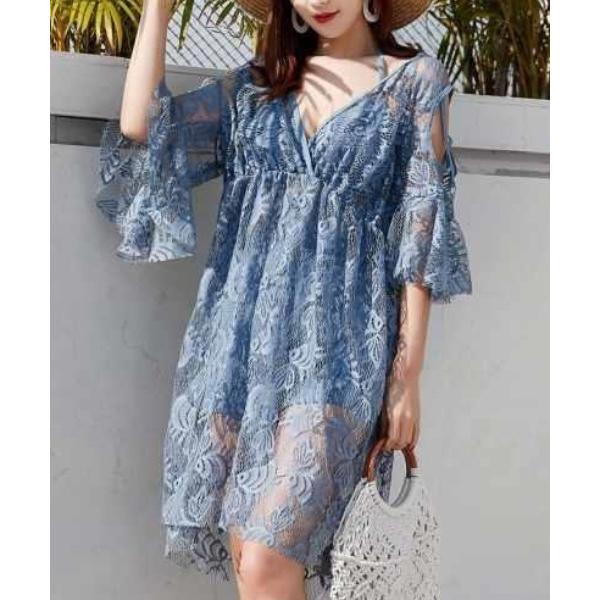 水着 3点セット 体系カバーレースラッシュガード×水着セットアップ レディース