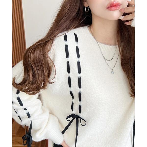 ニット セーター 編み込みリボンフェザーニットプルオーバー レディース
