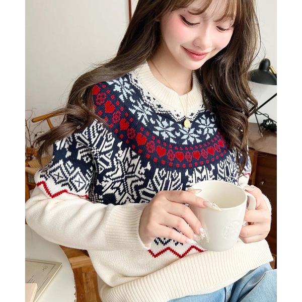 ニット セーター スノーノルディック柄求心Wジャガードニットプルオーバー（ノルディックセーター） レ...