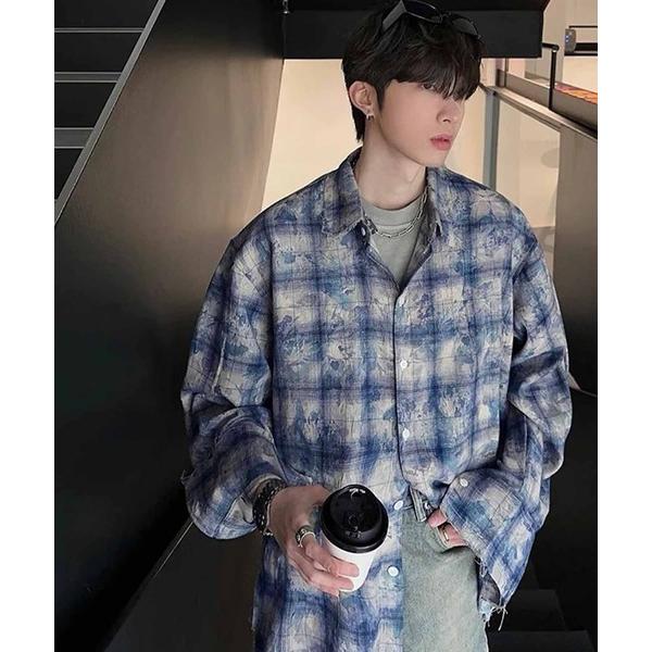シャツ 「2025」ビッグシルエット ブリーチブルーチェック柄長袖シャツ メンズ レディース