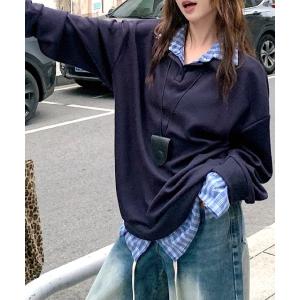 tシャツ チェックシャツレイヤードデザインポロ襟トップス レディース