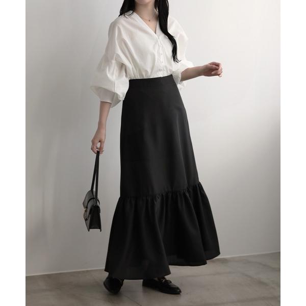 スカート 裾切り替えリネンライクボリュームフレアスカート