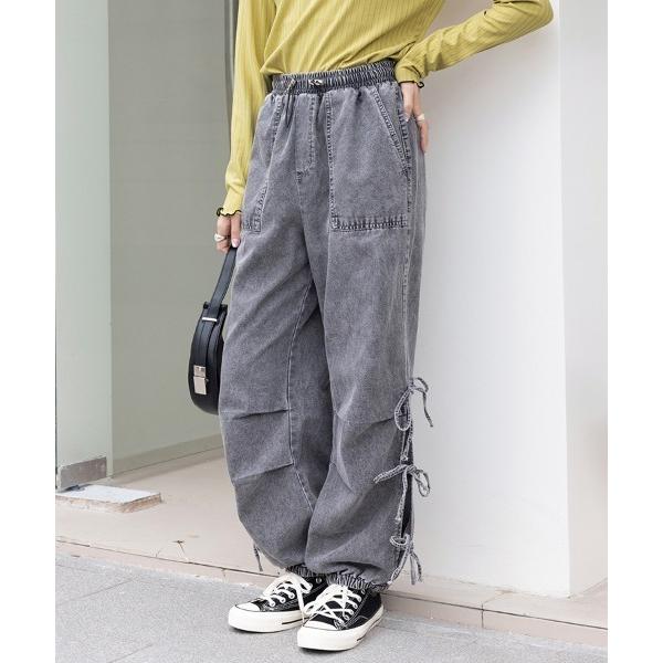 ジーンズ デニム デニムパンツ サイドリボンバギーデニムパンツ レディース