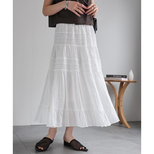 スカート ミモレ丈 レーステープ ティアードスカート