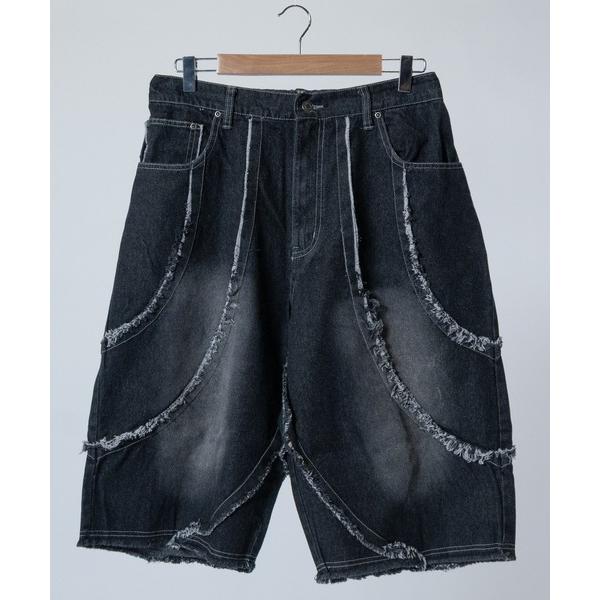 ジーンズ 「31」バイアス＆トライバル フリンジデザイン  5ポケット デニムハーフパンツ メンズ ...