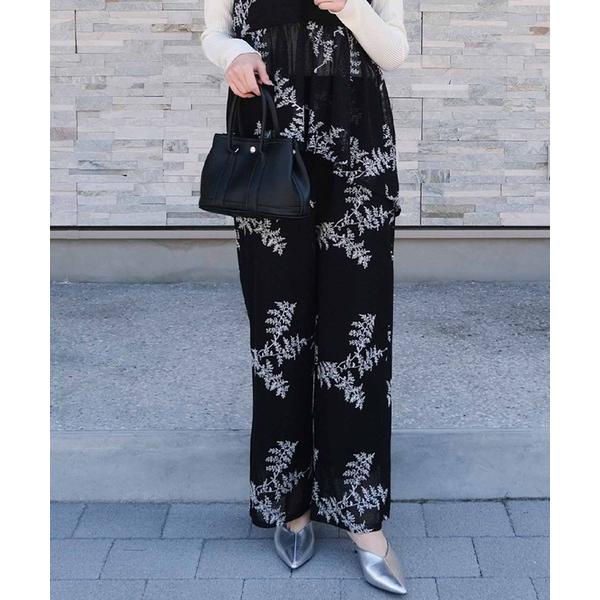 パンツ 花柄刺繍メッシュワイドパンツ レディース