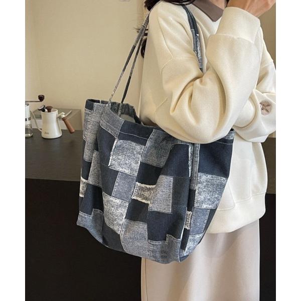 トートバッグ タイル柄デニムトートバッグ レディース