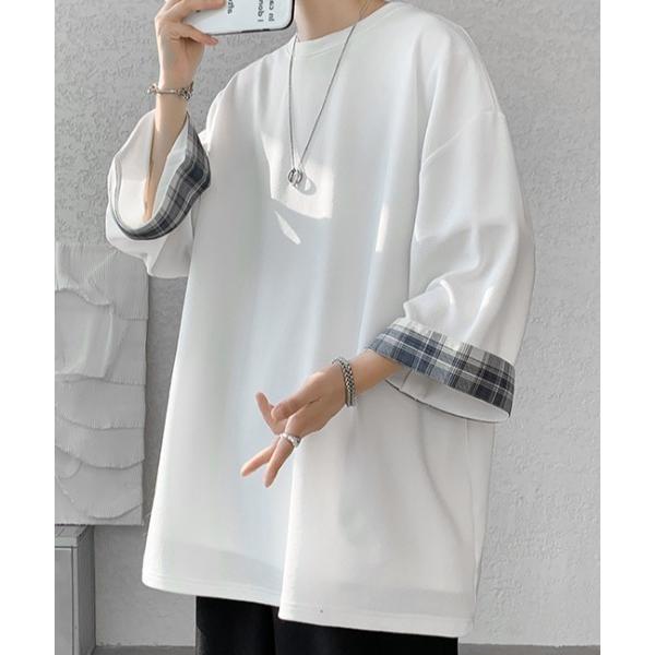 tシャツ 「新色追加」袖チェック/ストライプビッグTシャツ メンズ レディース