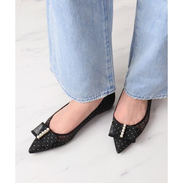 パンプス パールモチーフリボン　ポインテッドトゥフラットパンプス