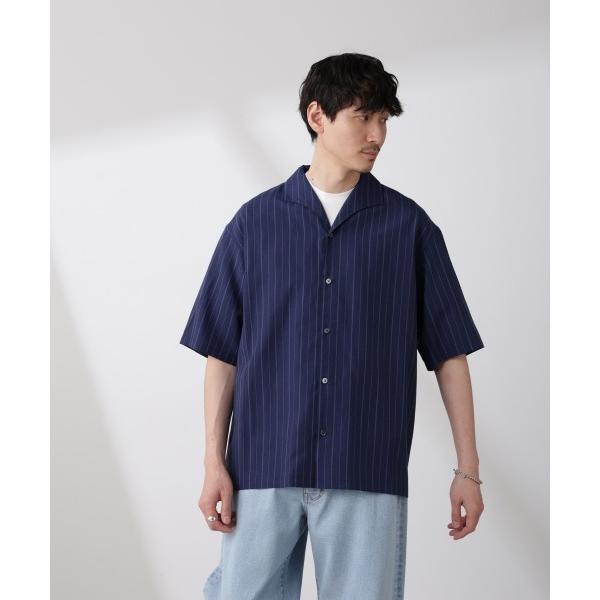 シャツ リネンブレンドピンストライプワイドカラーシャツ（セットアップ可) メンズ