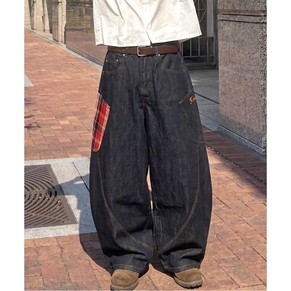 ジーンズ デニムワイドバルーンパンツ/チェック切り替えデザイン/カーブバレルシルエット/ユニセックス...