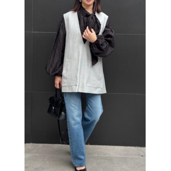 ベスト ジレ 「深Vネック」レイヤード ベスト チュニック丈 / アウトポケット ノースリーブ / ...