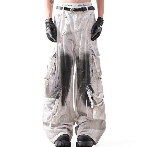 カーゴパンツ ハイストリート デザイン インクジェット ワイド カーゴパンツ メンズ レディース