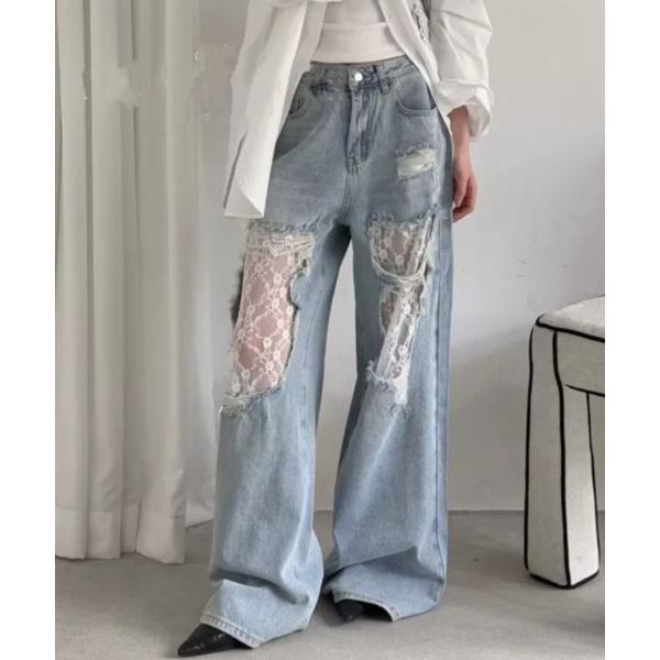 ジーンズ デニム デニムパンツ 新色追加/レースダメージデニムパンツ レディース